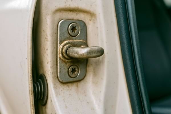 Un mecanisme de gache use et sale apparait sur le montant d une portiere de voiture.