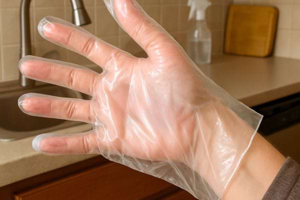 Une main porte un gant plastique transparent utilise pour cuisiner ou manipuler des aliments.