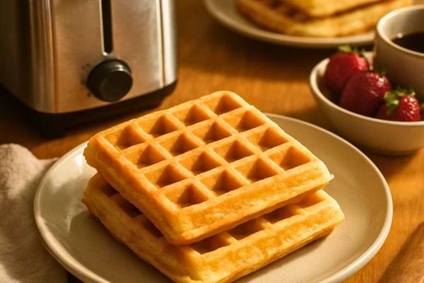 Deux gaufres dorees sont disposees sur une assiette pretes a etre degustées.