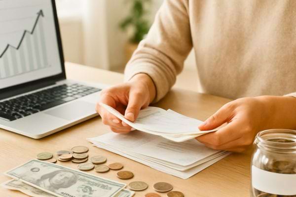 Personne triant ses factures avec pieces et ordinateur a cote.