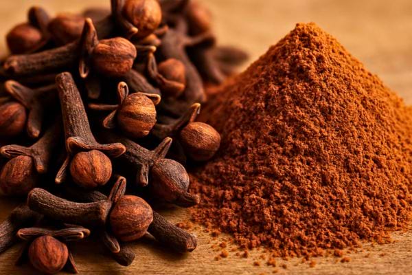  Des clous de girofle entiers sont pos&eacute;s pr&egrave;s d&rsquo;un tas de poudre de girofle.