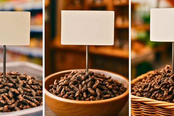   Trois pr&eacute;sentoirs remplis de girofle sont expos&eacute;s avec des &eacute;tiquettes vierges.