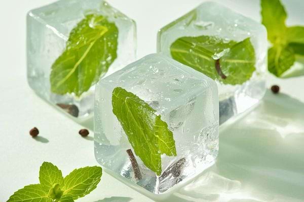 Trois glaçons transparents renfermant des feuilles de menthe verte sur fond clair.