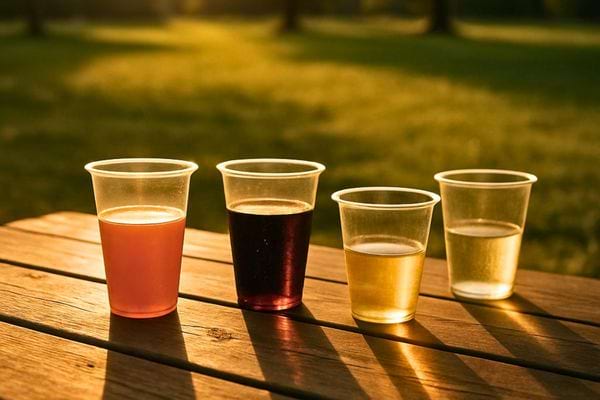 Quatre gobelets remplis de boissons color&eacute;es pos&eacute;s sur une table en bois au soleil.