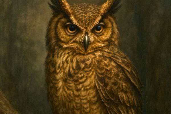 Un grand duc fixe intensément avec ses yeux oranges dans la penombre.