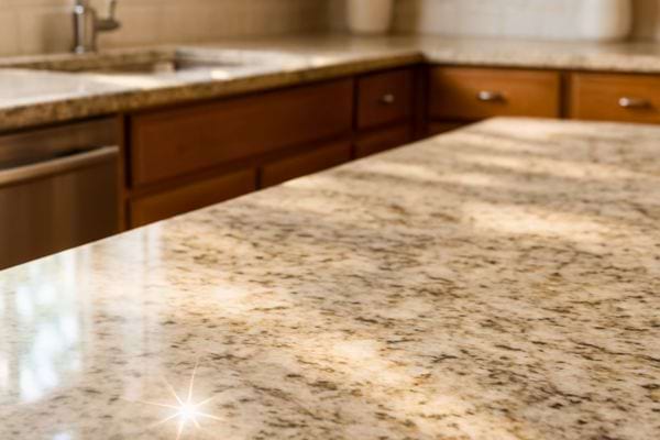 Gros plan sur un comptoir en granit tr&egrave;s brillant illumin&eacute; par la lumi&egrave;re naturelle de la cuisine.