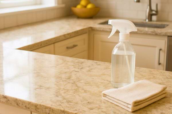 Plan de travail en granit propre avec un spray transparent et un chiffon beige pos&eacute; &agrave; c&ocirc;t&eacute;.