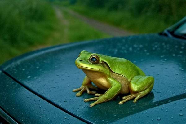 Une grenouille verte pos&eacute;e sur un capot mouill&eacute; au milieu d&rsquo;un chemin rural.