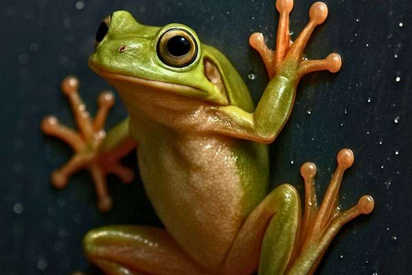 Une grenouille verte agripp&eacute;e &agrave; une surface sombre et humide avec ses ventouses visibles.