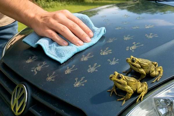 Un capot de voiture couvert de traces de pattes de grenouilles pendant qu&rsquo;une main essuie la surface.