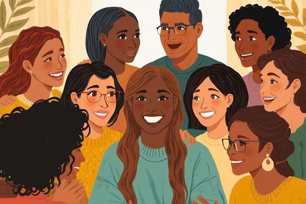 Illustration de plusieurs amis souriants réunis dans une ambiance joyeuse.