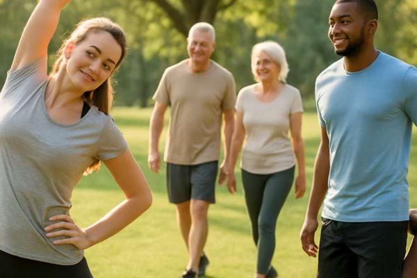 personnes faisant de l exercice et marchant dans un parc.