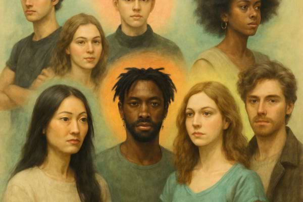 Un groupe de personnes pose dans un style artistique doux.