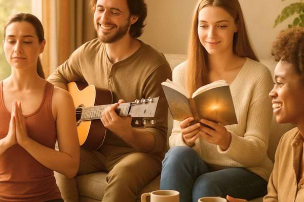 Groupe d’amis meditant, lisant et jouant de la guitare ensemble.
