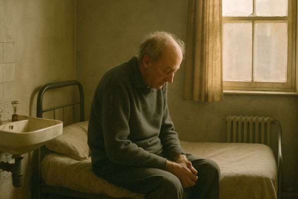 Un homme âgé est assis seul sur un lit dans une chambre sombre et nue.