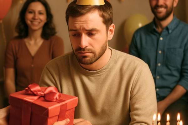 Un homme recoit un cadeau d’anniversaire mais affiche un air decourage et peu enthousiaste.