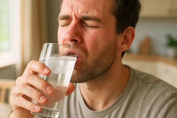 Un homme boit une solution en grimaçant légèrement.