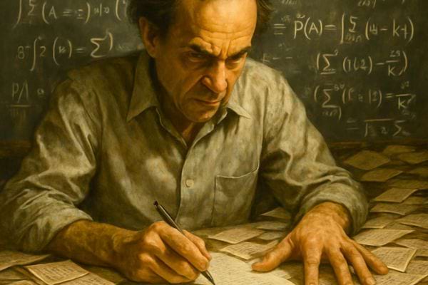 Un homme calcule des probabilités entouré de feuilles et formules au tableau.