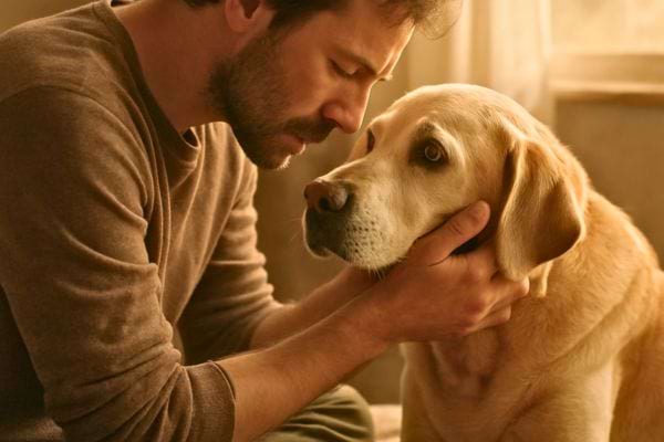 Un homme tient tendrement la tete de son chien qui semble triste et en demande de reconfort.