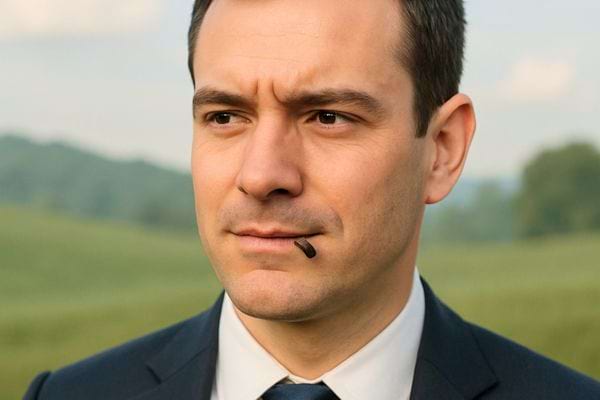 Un homme en costume tient un clou de girofle coince sur sa levre.