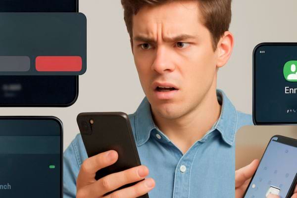 Un homme regarde son telephone avec confusion entoure de fenetres d’appels.