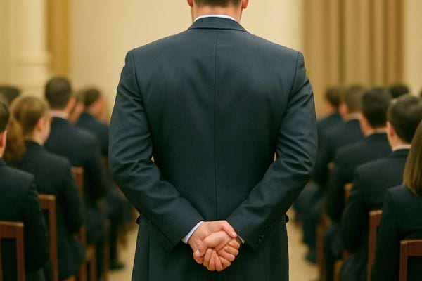 Un homme en costume se tient debout face a une assemblee les mains croisees dans le dos.