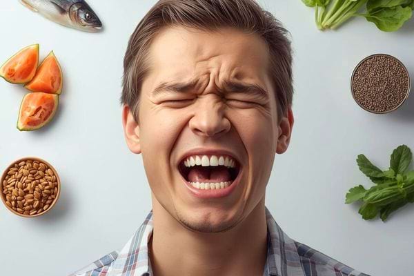 Homme criant de douleur entouré d’aliments sains comme poisson, graines et légumes.