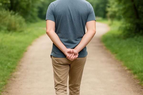 Un homme avance sur un sentier boise avec les mains croisees derriere lui.