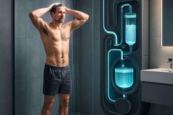 Un homme se douche devant un dispositif futuriste de recyclage de l&rsquo;eau.