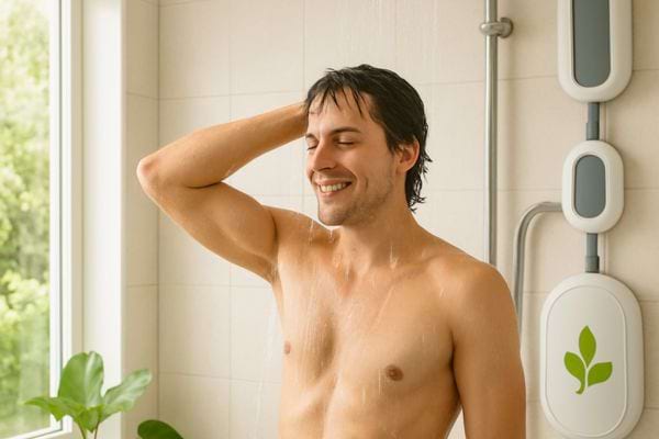 Un homme sourit en prenant une douche sous une eau chaude agr&eacute;able.
