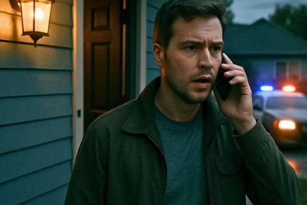 Un homme inquiét parle au telephone devant sa maison tandis qu’une voiture de police approche.