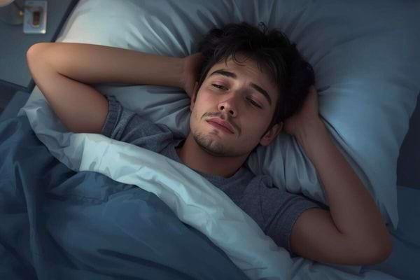Homme allongé dans son lit, l’air fatigué et incapable de dormir pendant la nuit.