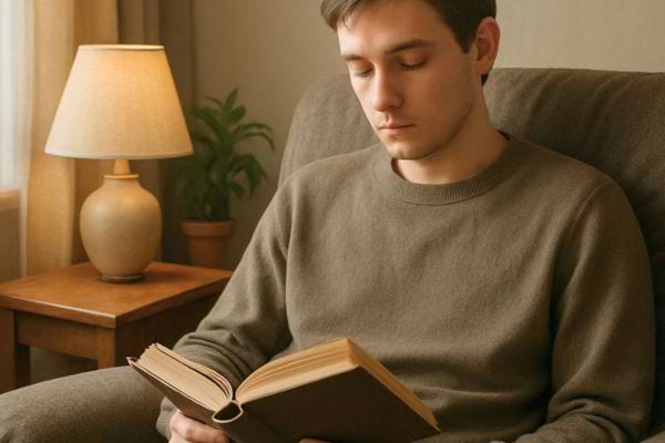 Un homme lit un livre dans un fauteuil pres d’une lampe, semblant chercher du calme.