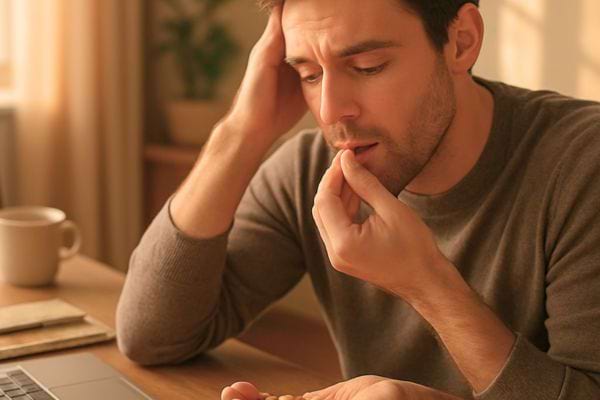 Homme assis mangeant une noix en réfléchissant.