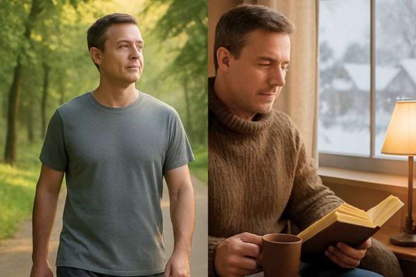 homme marchant puis lisant tranquillement chez lui.