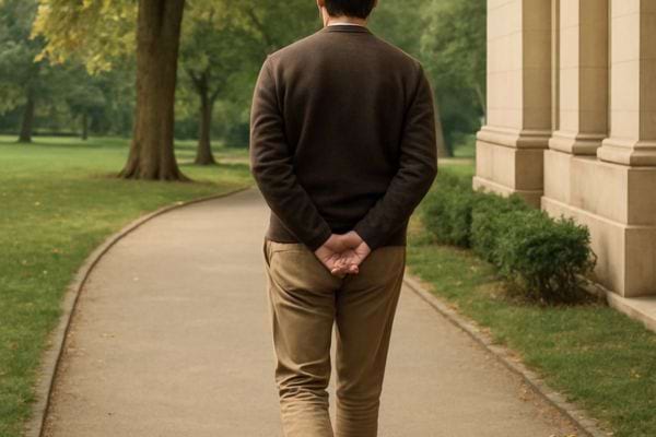 Un homme marche le long d’une allee de parc, les mains croisees derriere lui.