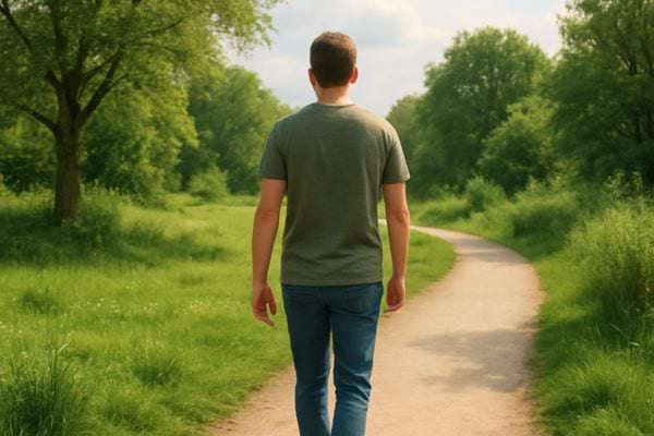 Un homme marche seul sur un sentier entour&eacute; d&rsquo;arbres et de verdure.