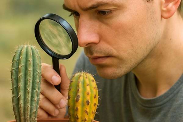 Un homme examine deux cactus avec une loupe pour verifier leur etat.