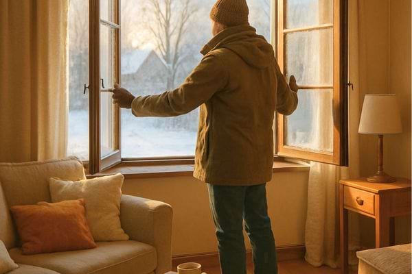 Un homme ouvre une fenetre dans un salon chaleureux pendant une matinee froide.