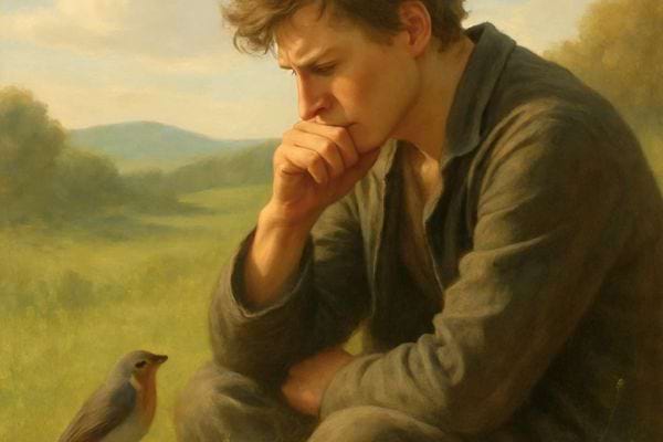 Un homme assis reflechit en regardant un petit oiseau devant lui.