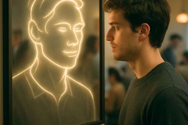 Un homme observe un portrait lumineux ressemblant à son propre visage.