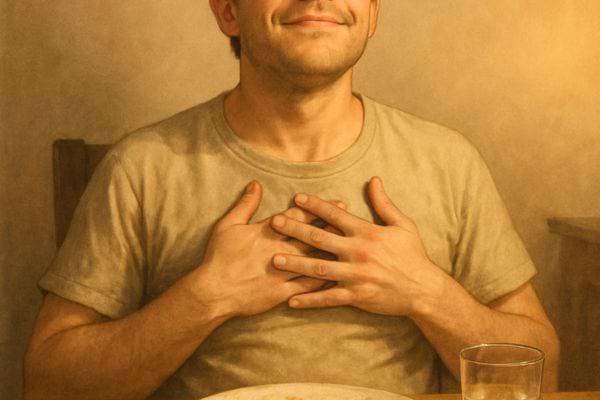 Homme souriant les mains sur la poitrine apres avoir mange.