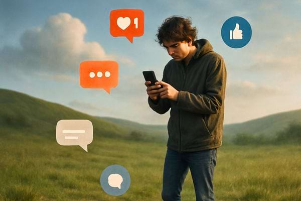 Un homme regarde intens&eacute;ment son t&eacute;l&eacute;phone entour&eacute; d&rsquo;ic&ocirc;nes de notifications flottantes.
