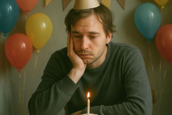 Un homme portant un chapeau de fete regarde son gateau avec une expression de profonde tristesse.