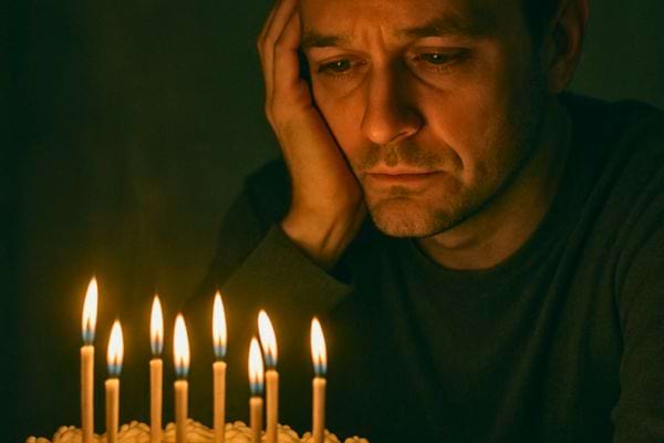 Un homme regarde tristement les bougies allumees de son gateau, le visage fatigue et pensif.