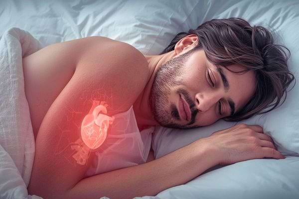 Homme dormant paisiblement sur le côté, avec un cœur rouge lumineux illustré sur sa poitrine.