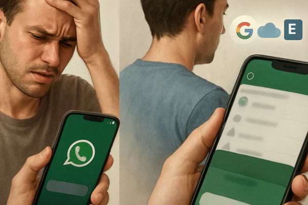 Un homme anxieux regarde son telephone WhatsApp avec des logos de sauvegarde visibles.
