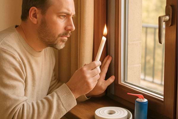 Un homme utilise une bougie pour detecter les courants d air pres d une fenetre.