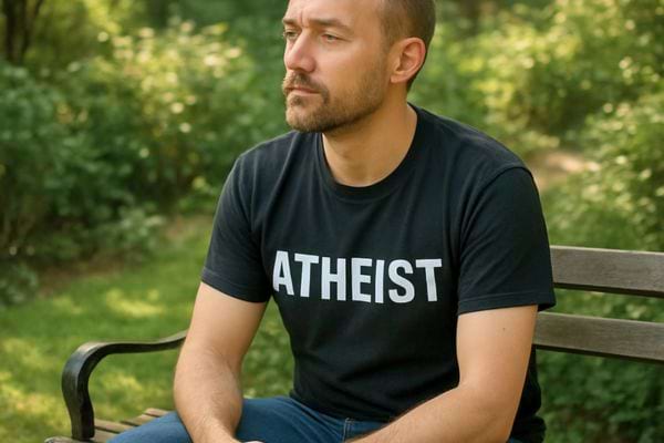 Homme portant un t-shirt “atheist”, assis sur un banc pensif.