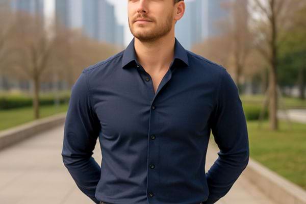 Un homme debout dans un environnement urbain garde les mains croisees dans le dos.